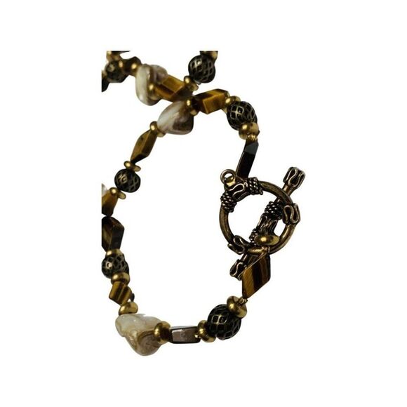 Vintage Abalone Shell Tiger Eye Beaded Brass Chain Summer Necklace 22in - Picture 6 of 7